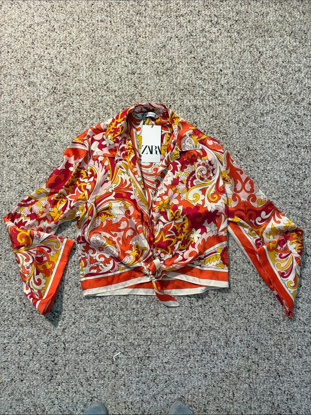 Zara Pink, Orange & Yellow Paisley Tie-Front Crop Blouse